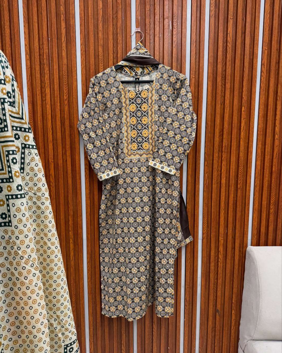 Three piece Pure Cotton set with hand work and  detailing.