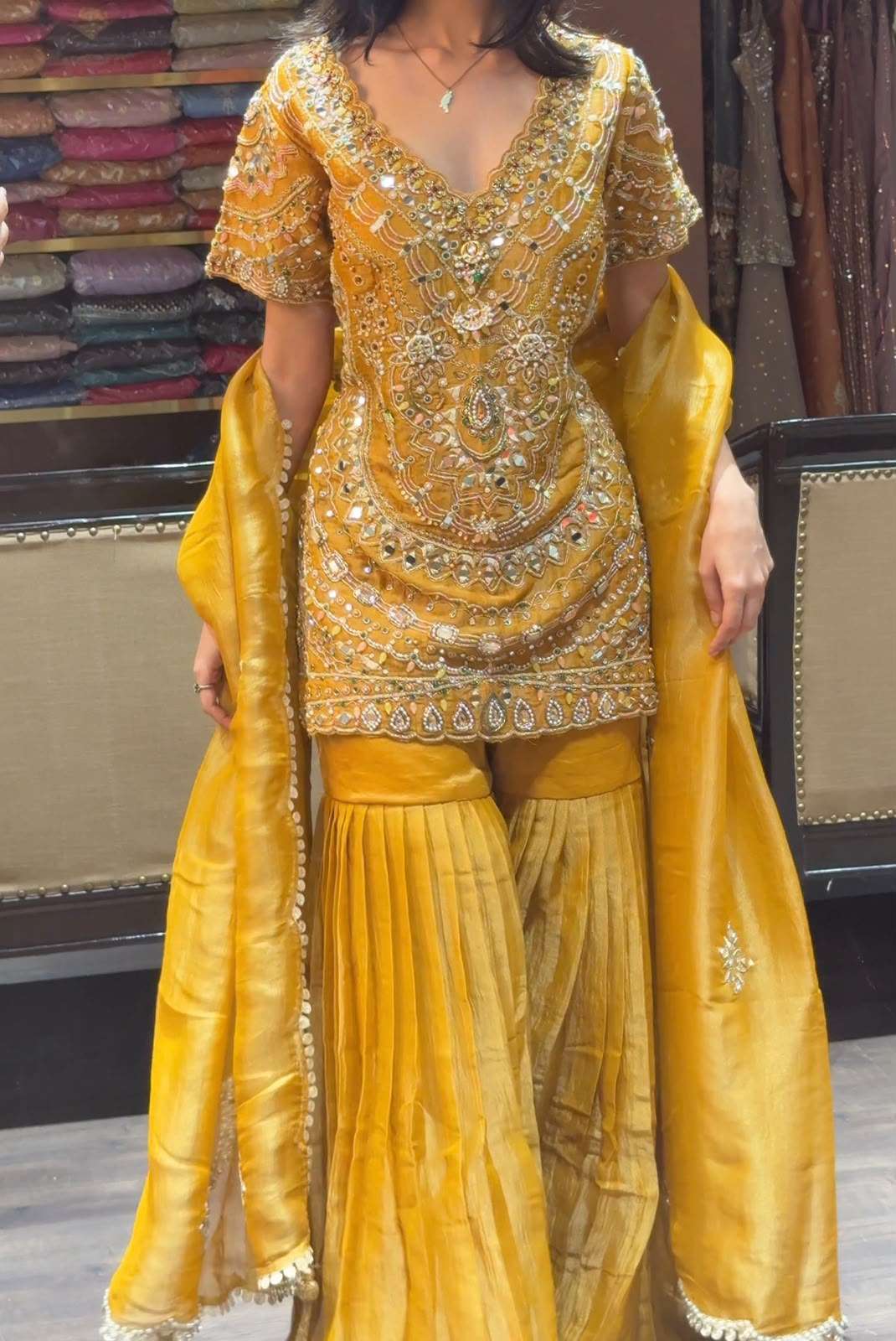 Yellow Mirror-Work Sharara Set